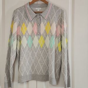 Charter Club Pastel Argyle Sweater knitted polo top Gray Pastel Colors Size XXL
